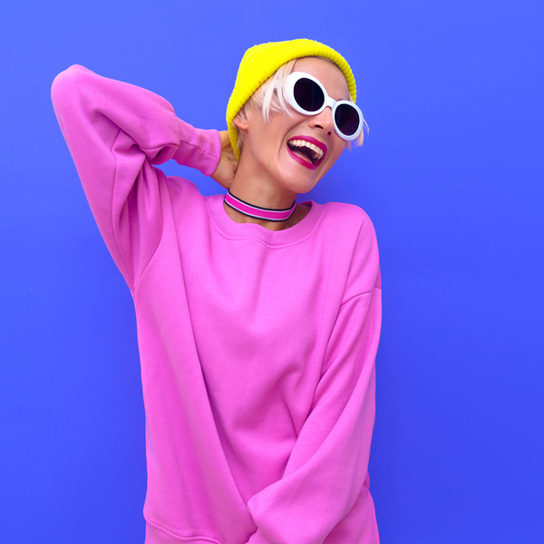 Stylish Happy Girl in Fashion Accessories. Beanie Cap, Sunglasse